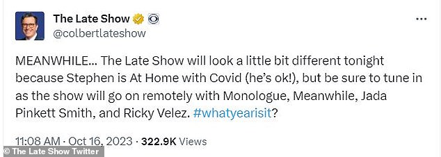 Colbert's sidelining comes after the show initially decided to continue this week with the host working from home after testing positive for the coronavirus