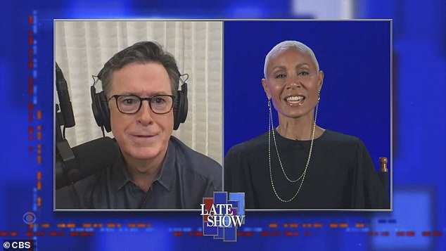 Colbert worked from home during the broadcast on Monday, interviewing Jada Pinkett-Smith