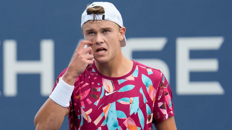 Holger Rune, of Denmark, reacts during a match against Roberto Carballes Baena, of Spain, during the first round of the US Open tennis championships, Monday, August 28, 2023, in New York.  (AP Photo/John Minchillo)