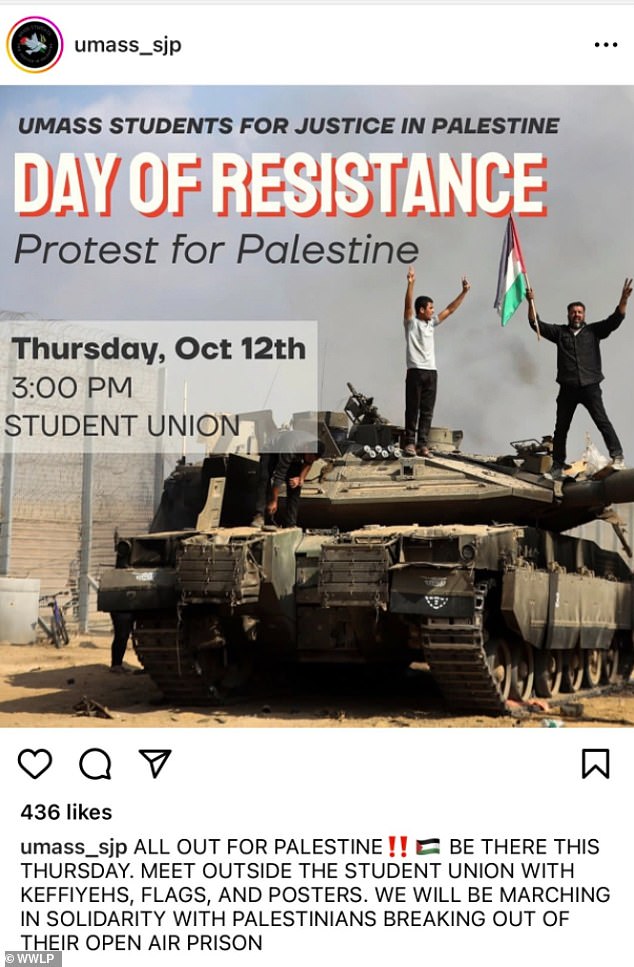 Dillon shared a flyer advertising the anti-Israel protest, declaring 'solidarity with the Palestinians breaking out of their open-air prison'