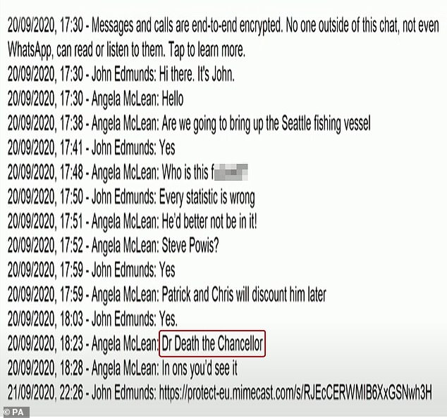 WhatsApp exchanges between Professor Edmunds and Dame Angela were shown during the meeting, in which she referred to 'Dr.  Death the Chancellor' and said 'in US you would see it'