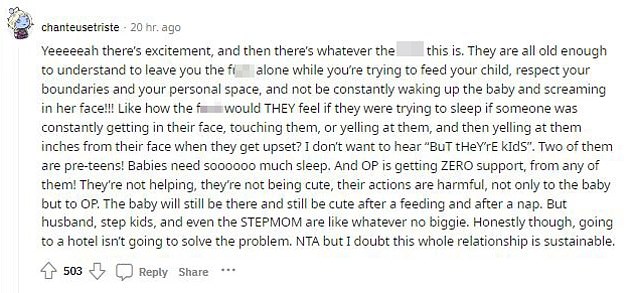 Many more people supported the woman and agreed that her reaction to leaving for a hotel was completely reasonable - they considered her 'not the asshole'.