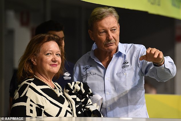 Rinehart with then Swimming Australia president John Bertrand at the 2016 Australian Swimming Championships