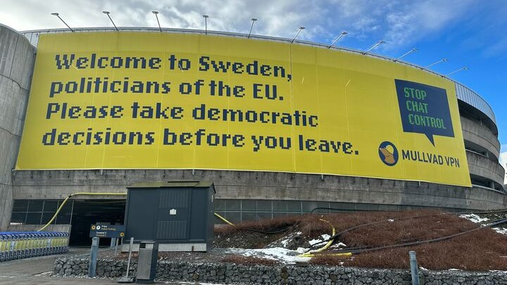 Mullvad campaign poster against EU chat control outside Stockholm airport