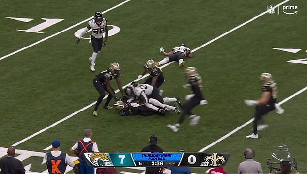 The play resulted in a fumble recovered by the Saints, with Agnew left on the play