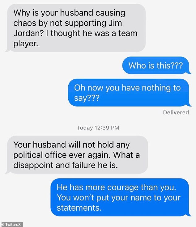 Aggressive texts sent to Rep. Don Bacon's wife Angie for not voting for Jordan as speaker