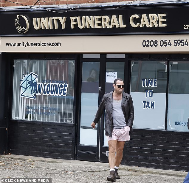 Bizarre: Outside of what appeared to be a funeral service / tanning salon, Danny was filming for his new role in the six-part series