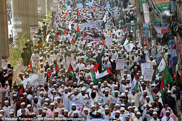 BANGLADESH: Bangladeshi Muslims gather in a protest in solidarity with the Palestinian people at the Baitul Mukarram National Mosque after Friday prayers, in Dhaka on Friday