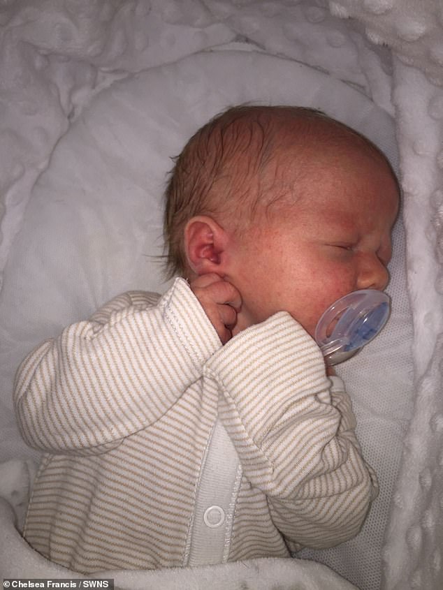 Pictured: four-week-old baby Riley, who has also suffered from bedbug bites