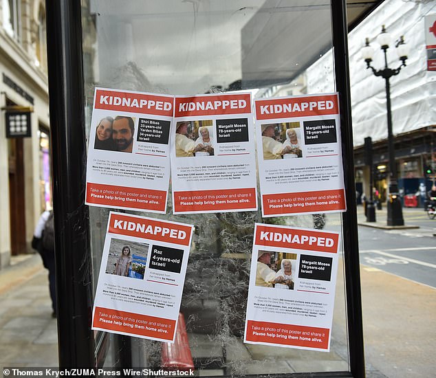 Posters depicting kidnapped and missing Israelis on Regents Street