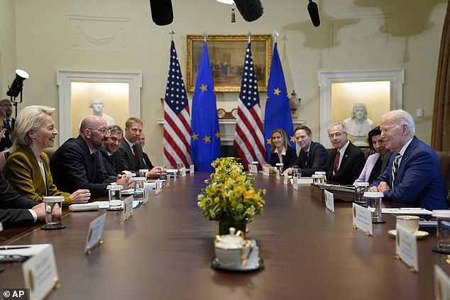 On Friday, President Joe Biden met with European Commission President Ursula von der Leyen (left) and European Council President Charles Michel (second from left)