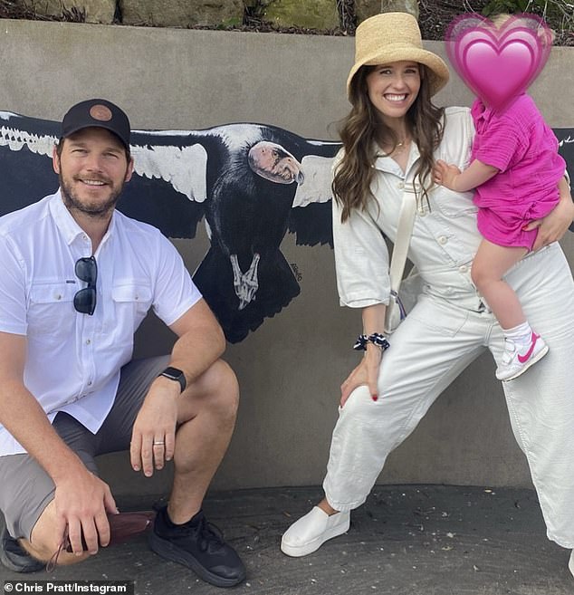 Parenting: Arnie said of his grandchildren: 'Let Chris Pratt and Kathryn have a headache disciplining them';  Katherine and Chris are pictured with Lyla