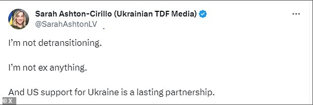 The transgender American responded to Posobiec's bold assumption on X (formerly Twitter), saying, “I'm not transitioning.  I'm nothing ex.  And U.S. support for Ukraine is a lasting partnership.”