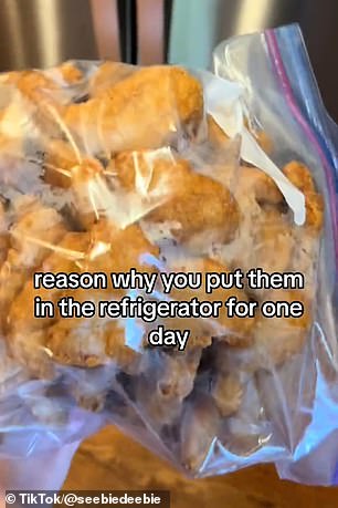 She showed the condensation that formed in the secured bag before placing it in the refrigerator for a day