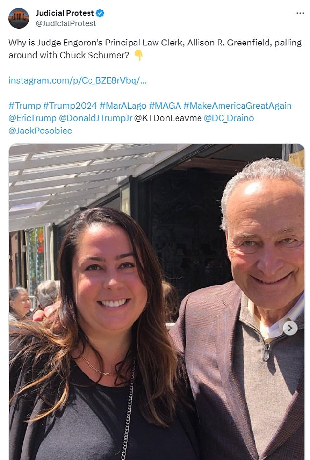 This photo of the clerk with Chuck Schumer circulated online early in the trial, prompting Trump and his fans to call the entire case a political witch hunt from which Greenfield, the clerk, should be removed.