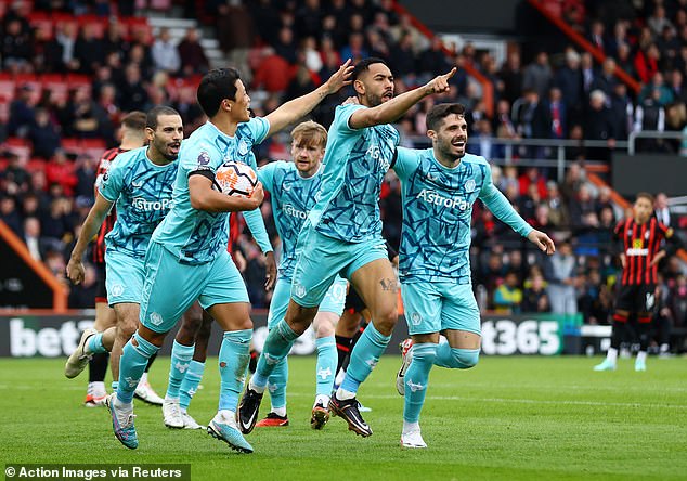 Matheus Cunha celebrates Wolves getting back into the match by beating Bournemouth 2-1