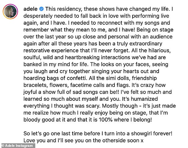 Grateful: The musician wrote: “This residency, these performances have changed my life.  I desperately needed to fall back in love with performing live, and I have'