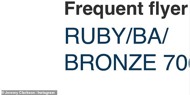 Unimpressed: The outspoken broadcaster, who has been dating the stunning blonde actress since 2017, then bemoaned his 'BA bronze card holder' status saying he was likely to be served in-flight with a 'dead dog for lunch'