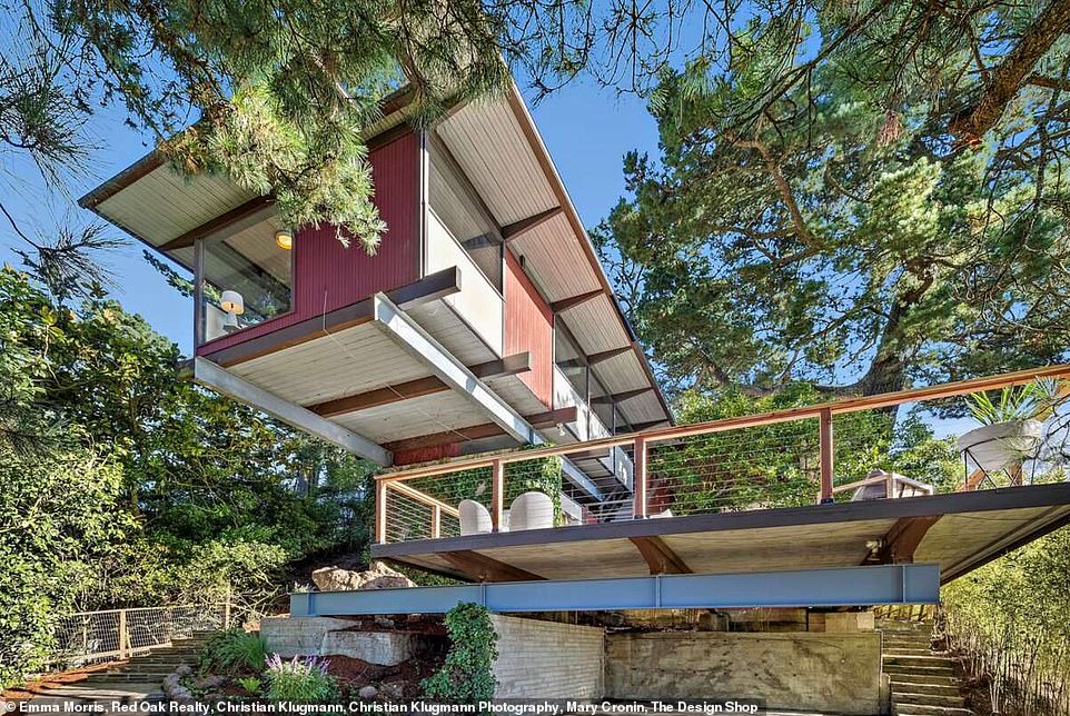 The treehouse sits 16 feet in the air at 6630 Heartwood Drive in the Montclair neighborhood of Oakland.  It has four bedrooms and four bathrooms spread over 2,652 square feet