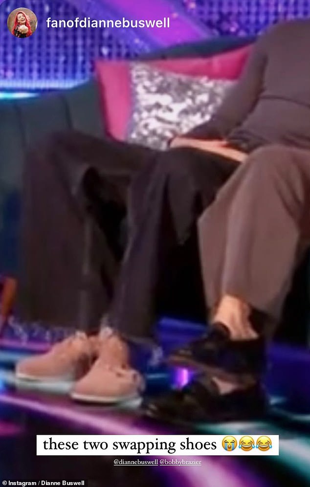 Hilarious: As Bobby and Diane sat down on the sofa to join host Janet Manrara, viewers noticed they had swapped their shoes for the TV performance.