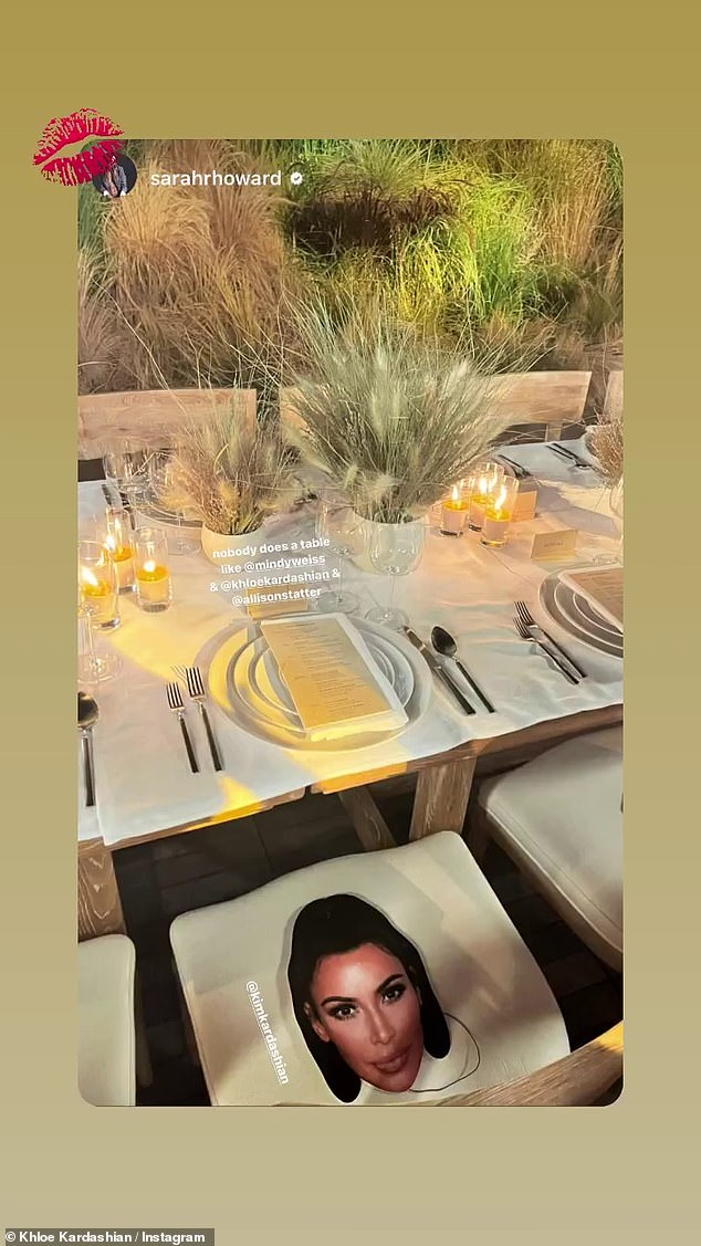 Beautiful table setting: And finally, Poosh's Chief Content Creator Sarah Howard shared a photo of the beautifully set table and one of Khloé's masks from Kim.  She posted a kiss emoji at the top of the image and wrote, 