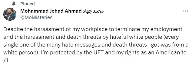 Ahmad claimed he has only received death threats from 'hateful white people' because of his views