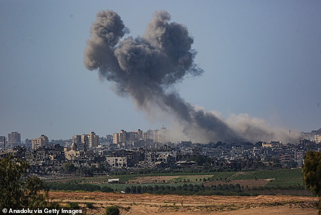 Smoke rises as Israeli airstrikes continue on 15th day in Beit Hanoun, Gaza on October 21, 2023