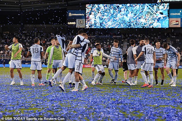 Sporting Kansas City players celebrate after beating Minnesota to reach the playoffs