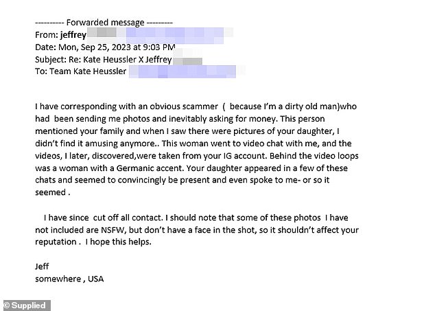 The Sydney model coach became aware after receiving this email from Jeffrey