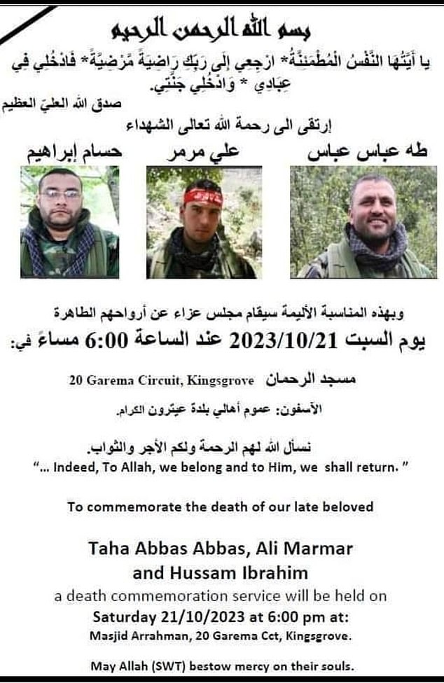 A leaflet advertising the service for the three Hezbollah terrorists, held in Sydney's south-west