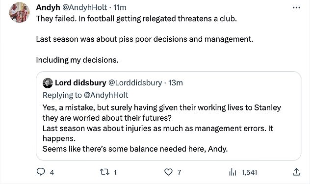 In his outburst, Holt admitted that decisions made by the club's management and his own were the reason for their relegation last season