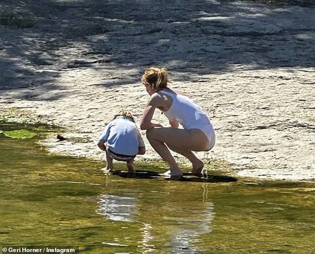 Bonding time: Geri showed son Monty, six, to turtles during their trip to Austin, Texas