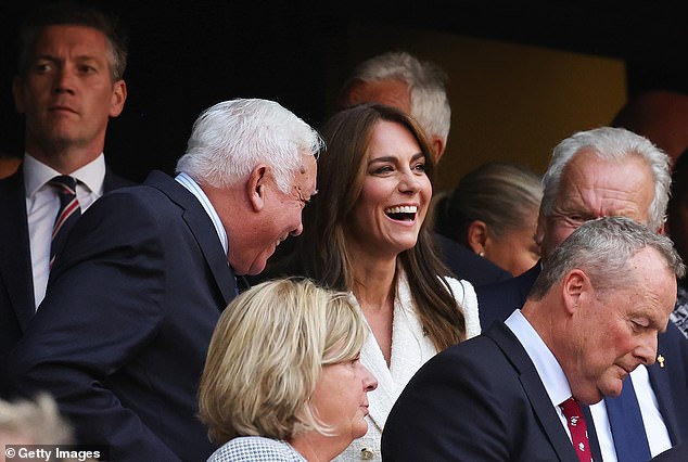 Rob Bryers, Chairman of the RFU, Catherine, Princess of Wales and Patron of the English Rugby Football Union (RFU), and Sir Bill Beaumont CBE, Chairman of World Rugby