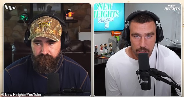 The New Heights podcast with Jason (left) and Travis (right) regularly tops the charts