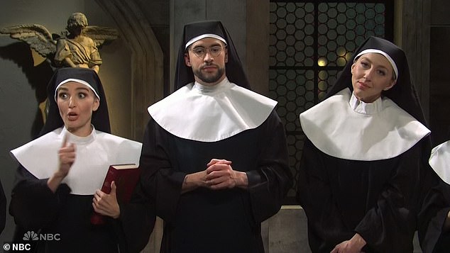 Famous company: He joined Bad Bunny for the SNL sketch as they discussed the nunnery sex scandal