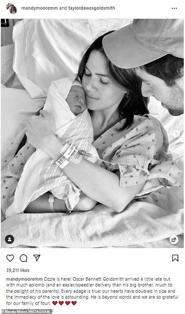 Moore announced the arrival of her second child, son Oscar 'Ozzie' Bennett Goldsmith, on October 21, 2022