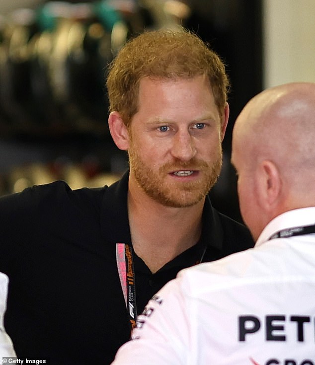 The Duke of Sussex, 39, went backstage at the track to meet members of the Mercedes team