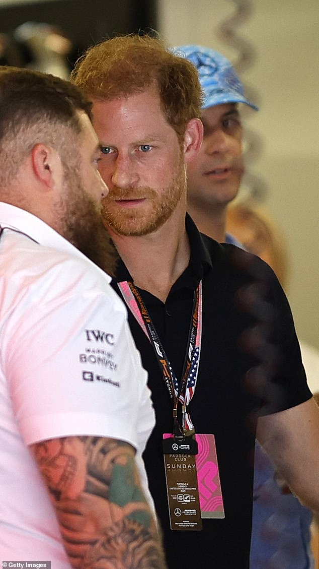 Harry appeared deep in conversation as he chatted with members of the Mercedes team in the garage