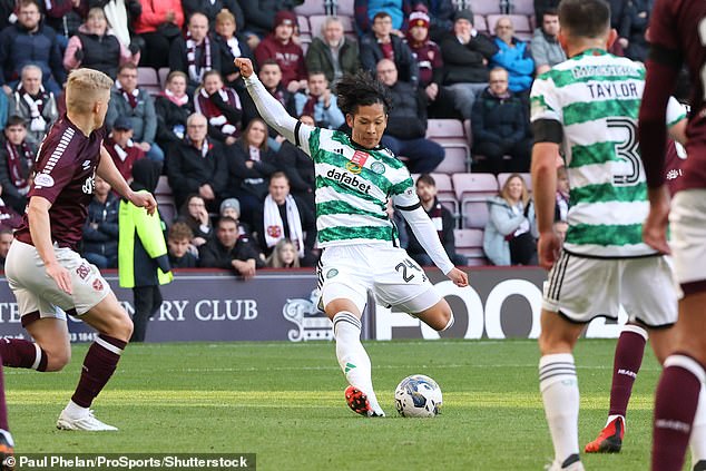 Celtic regained their three-goal lead thanks to a fierce strike from Tomoki Iwata