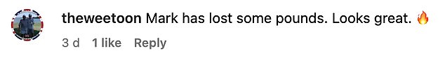 Support: Fans flocked to the comments to praise Mark's staggering weight loss, with one writing: 'Gosh, he looks half the size he used to be!'