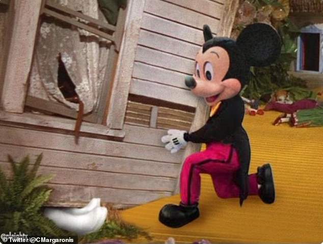 A meme showed DeSantis' white rain boots sticking out from under a house as Mickey Mouse looked on - a parody of Wizard of Oz