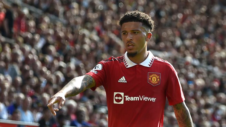 Jadon Sancho of Manchester United during the English Premier League football match between Manchester United and Fulham at Old Trafford in Manchester, England, Sunday, May 28, 2023. (AP Photo/Rui Vieira)