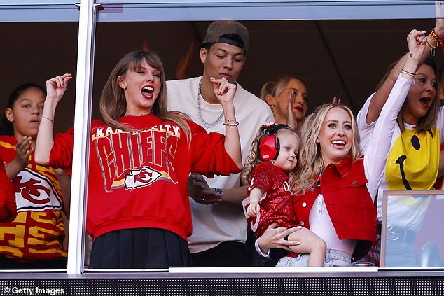 Swift and Brittany Mahomes, wife of Chiefs quarterback Patrick Mahomes, celebrated together at Arrowhead Stadium after Kansas City scored a touchdown