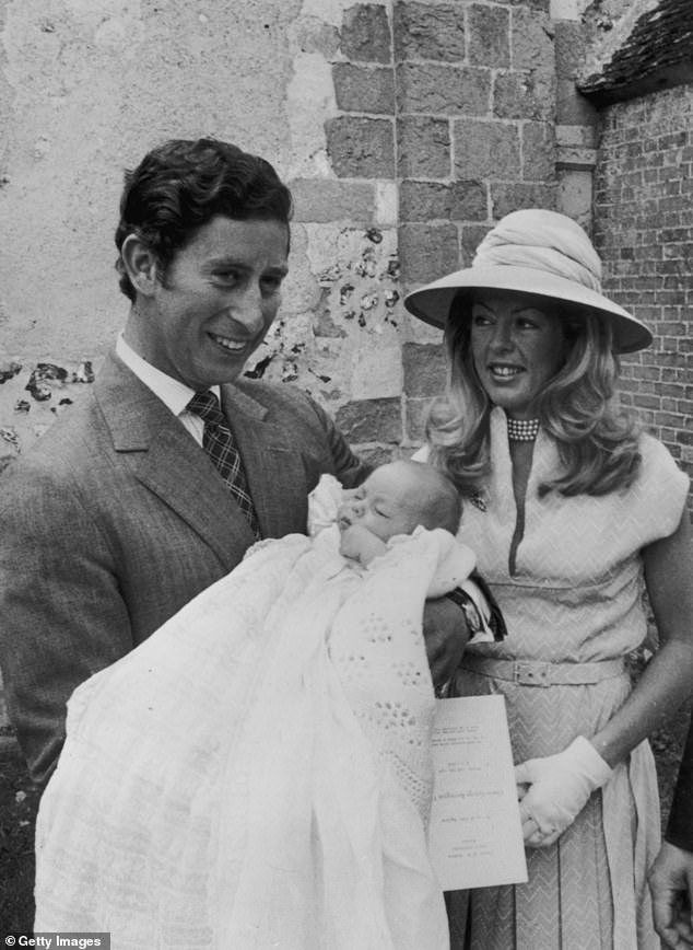 Prince Charles, Prince of Wales, holds his 9-week-old godson, Charles George Barrington Tryon, after his baptism in 1976. With them is the child's mother, Dale Tryon.