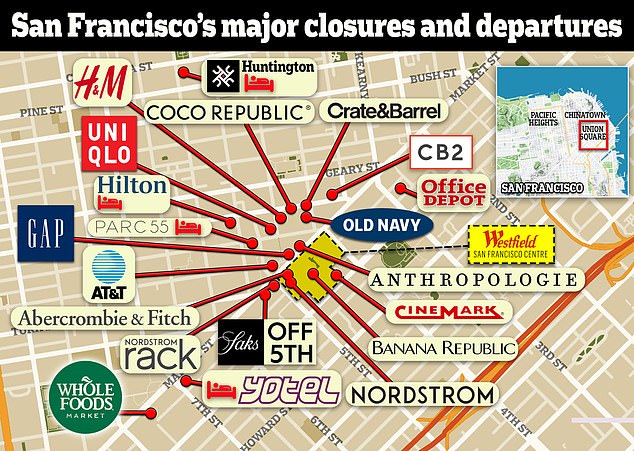 A map shows the major companies that have left or are planning to leave downtown San Francisco