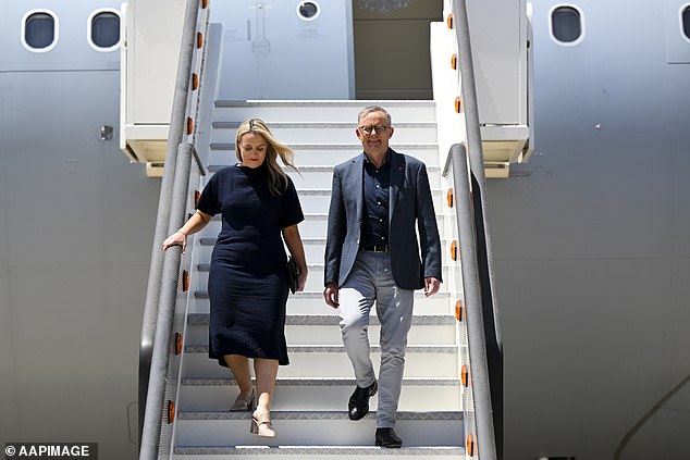 The Prime Minister made more than 20 foreign trips in just over a year, visiting countries including India and Japan (Photo: Mr Albanese with his partner Jodie Haydon in Spain in June 2022)