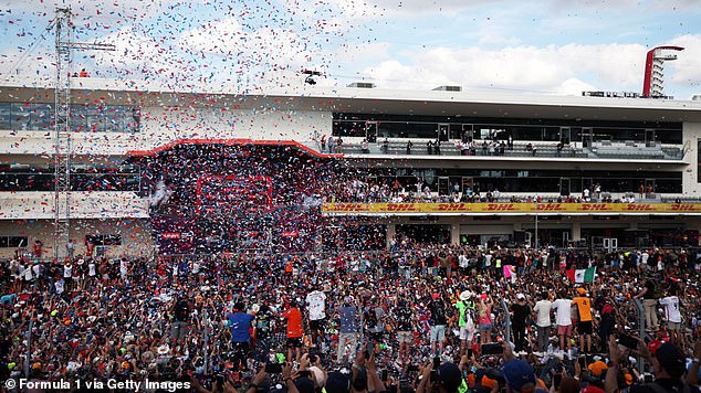 The crowd celebrates Verstappen after his second place during the F1 Grand Prix in the US