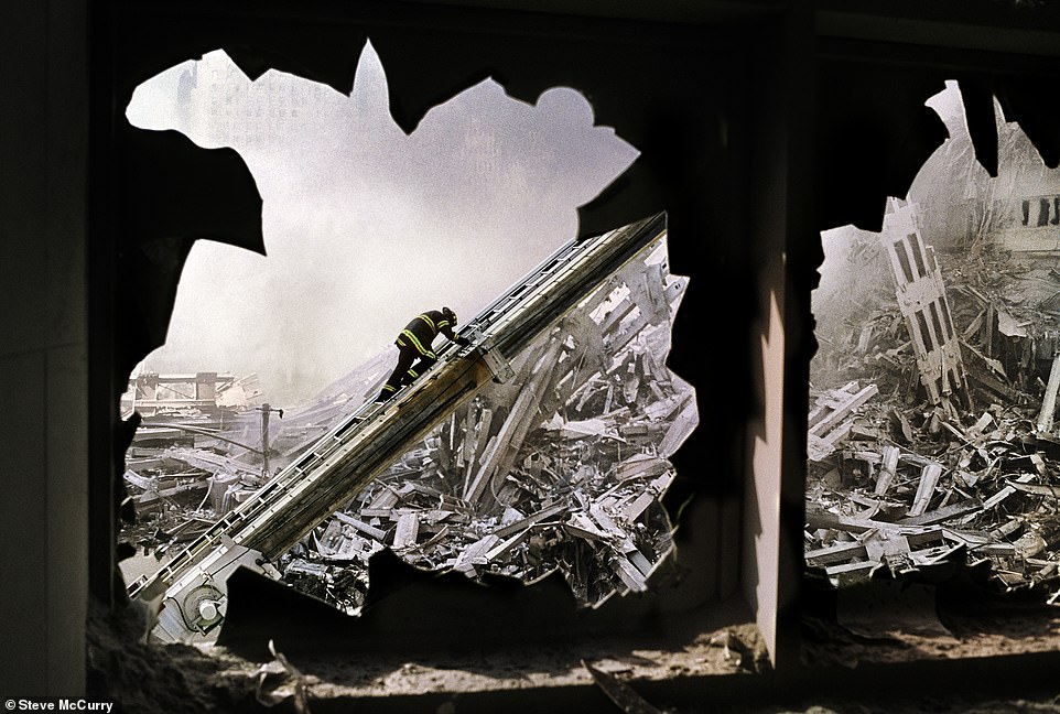 This devastating photo shows a brave firefighter climbing a ladder at Ground Zero, New York, in the aftermath of the September 11, 2001 attacks. McCurry lived nearby and when he heard what had happened, he headed straight to the location with his camera to document the tragedy