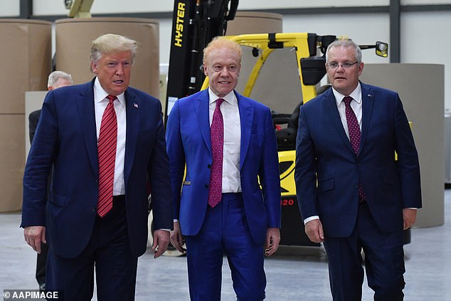 Trump pictured with Anthony Pratt and then Australian Prime Minister Scott Morrison at the Pratt factory in Wapakoneta, Ohio