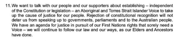 The statement (pictured) said indigenous leaders will continue to lobby for a vote despite the comprehensive defeat in the referendum